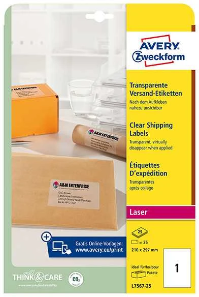 Lipnios etiketės Avery Zweckform, 210x297mm, skaidrios, A4, 25vnt