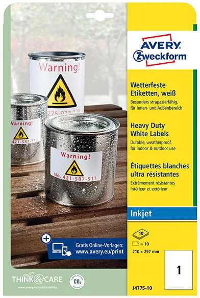 Avery Heavy Duty vandeniui atsparios etiketės, 210 x 297 mm, balta, spausdintuvui, 10 vnt