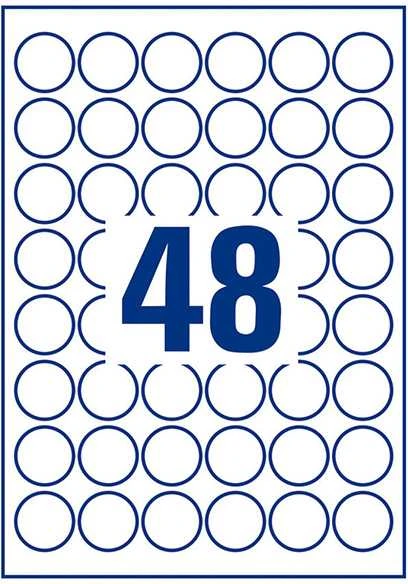Apvalios lipnios etiketės Avery Zweckform, A4, atsparios drėgmei, 30mm, 48 etiketės lape, 20 lapų, baltos spalvos