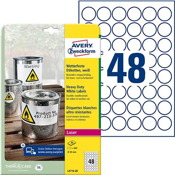 Apvalios lipnios etiketės Avery Zweckform, A4, atsparios drėgmei, 30mm, 48 etiketės lape, 20 lapų, baltos spalvos