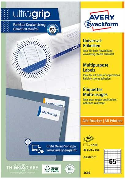 Lipnios etiketės Avery Zweckform, A4, 38×21.2mm, 65 etiketes lape, 100 lapų, baltos spalvos