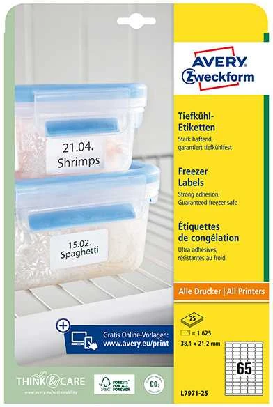 „Avery Zweckform“ ETIKETĖ. ZF 7971, SKIRTAS ŠALDYTIEM MAISTO PRODUKTAI, 38,1X21,2MM ETIKETĖ – L7971-25