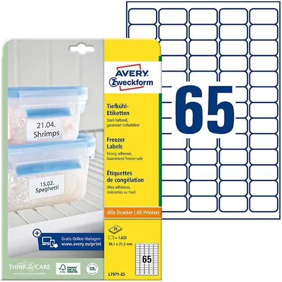 „Avery Zweckform“ ETIKETĖ. ZF 7971, SKIRTAS ŠALDYTIEM MAISTO PRODUKTAI, 38,1X21,2MM ETIKETĖ – L7971-25