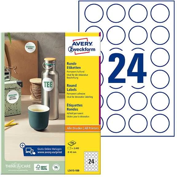 Avery Lipnios etiketės Zweckform L3415, 40mm, A4, apvalios, 100 lapų, baltos spalvos
