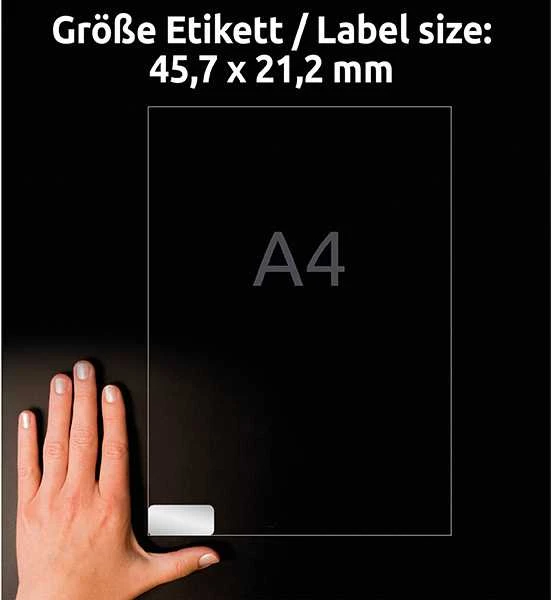 Lipnios etiketės Avery Zweckform, A4, atsparios drėgmei, 45.7×21.2mm, 48 etiketės lape, 20 lapų, sidabrinės spalvos