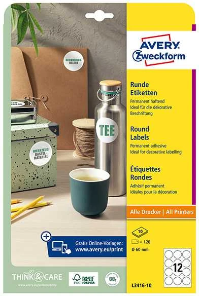 Avery Zweckform popierinės etiketės, A4, 10 lapų, 60 mm skersmens, balta, apvalus