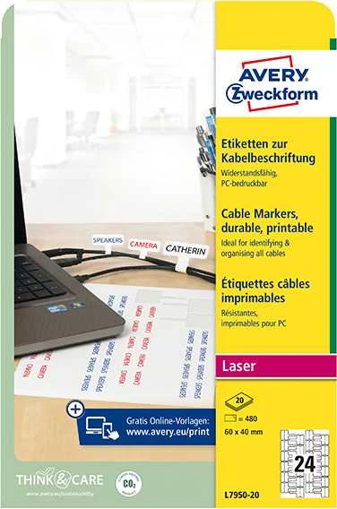 Avery Zweckform LABEL.ZF 7950 60X40 24/A4 KABELIO ŽYMĖJIMO ETIKETĖ - L7950-20