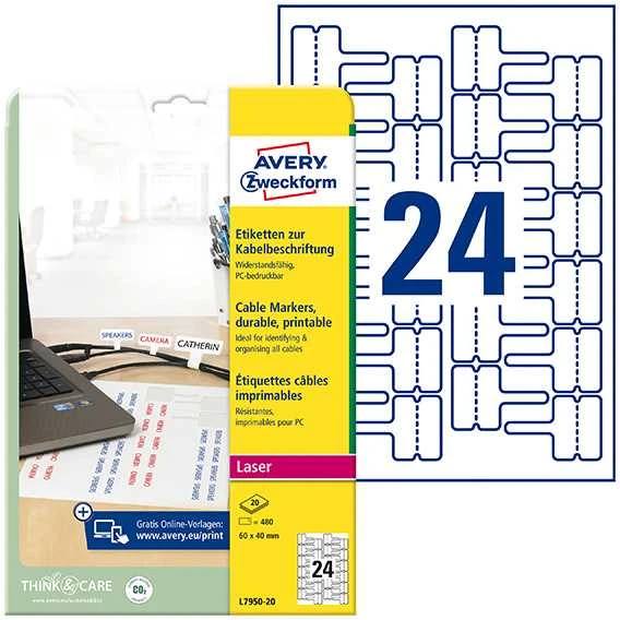 Avery Zweckform LABEL.ZF 7950 60X40 24/A4 KABELIO ŽYMĖJIMO ETIKETĖ - L7950-20