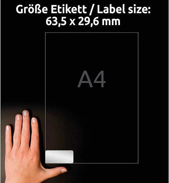 Lipnios etiketės Avery Zweckform, A4, atsparios drėgmei, 63.5×29.6mm, 27 etiketės lape, 20 lapų, sidabrinės spalvos