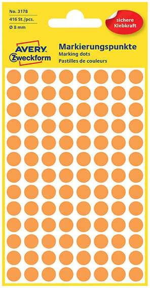 Lipdukai AVERY, apvalūs, Ø8mm, 416vnt, oranžinė