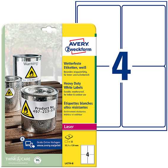 Avery Zweckform etiketės ZF L4774-8, vandeniui atsparios, 99,1 x 139 mm, 8 lapai/32 vnt.