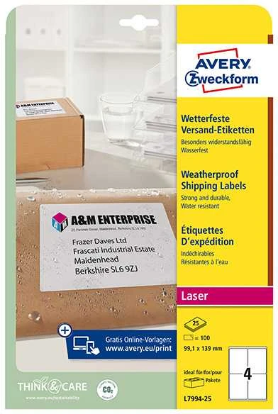 Avery Zweckform etiketės 99,1 mm x 139 mm, A4, balta, 1 etiketė, neperšlampamas, supakuota 25 vnt., L7994-25, lazeriniams spausdintuvams