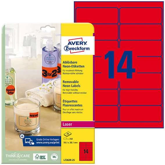 „Avery Zweckform“ neoninės etiketės, 99,1 x 38,1 mm raudonos (L7263R-25)