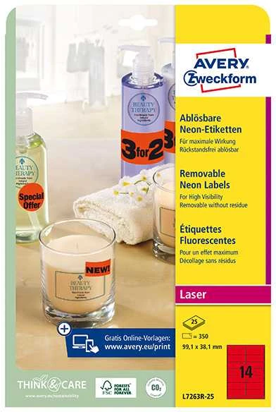 „Avery Zweckform“ neoninės etiketės, 99,1 x 38,1 mm raudonos (L7263R-25)