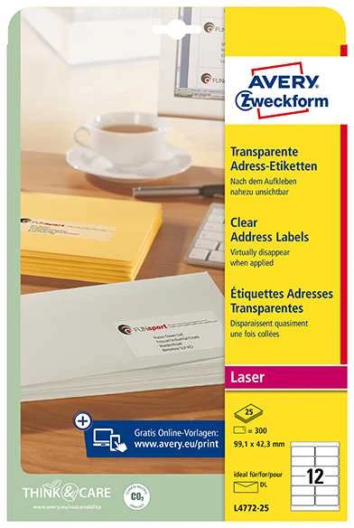 Avery Zweckform skaidrios adresų etiketės 99,1 x 42,3 mm (L4772-25)