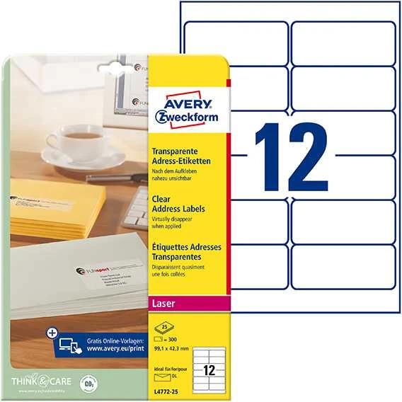Avery Zweckform skaidrios adresų etiketės 99,1 x 42,3 mm (L4772-25)