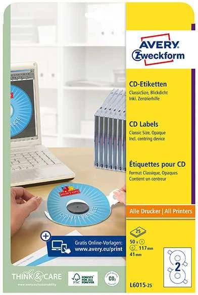 Avery Zweckform kompaktinių diskų etiketės 117 mm, 25 lapai (L6015-25)