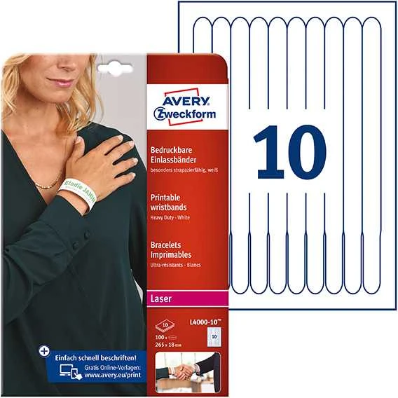 Avery Zweckform Spausdinamos identifikavimo apyrankės A4 10 lapų 265 x 18 mm balta poliesterio folija