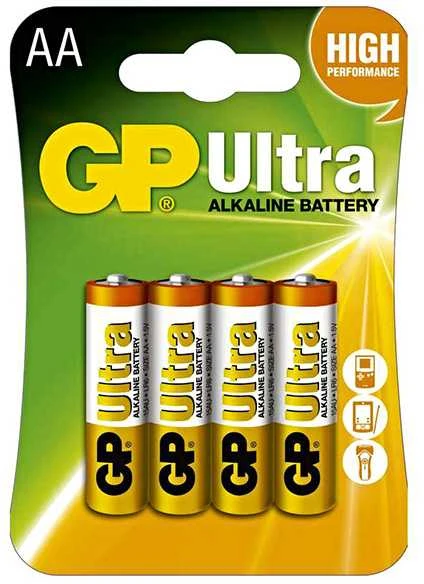 GP Ultra AA šarminės baterijos pakuotėje