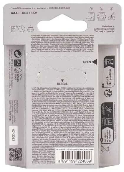 GP AAA baterijų 10-pack pakuotės nugarėlė