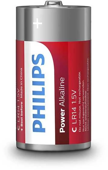 Vienkartinės PHILIPS šarminės C baterijos, 2 vnt. pakuotė