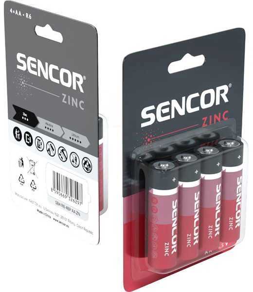 Sencor vienkartinės cinko anglies AA baterijos, 4 vnt. pakuotėje
