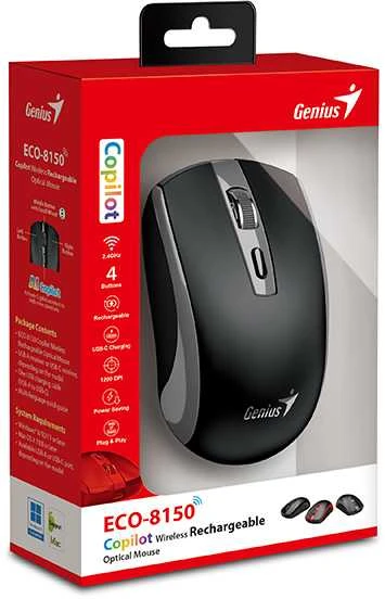 Genius ECO-8150 Bevielė pelė, juoda-pilka, 1200DPI