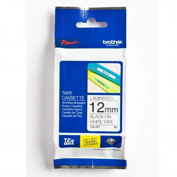 Brother | TZ-S231 Strong Adhesive Laminated Tape | Juodas on Baltas | TZe | 8 m | 1.2 cm