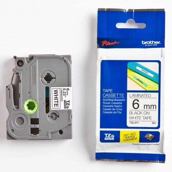 Brother | TZe-211 Laminated Tape | Juodas on Baltas | TZe | 8 m | 6 cm