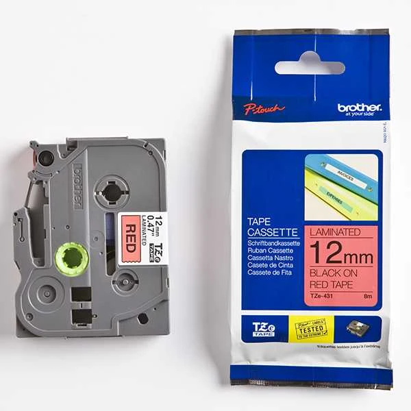 Brother | TZE-431 Laminated Tape | Juodas on Raudona | TZe | 8 m | 1.2 cm