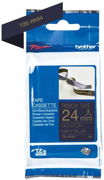 BROTHER TZE-RN54 P-TOUCH DEKORATYVINĖ AUKSINĖ SPAUSDINĖ ANT TAMSI MĖLYNOS SPALVOS SATINO JUOSTELĖS 24 MM, 4 M