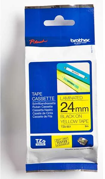 Brother | TZe-651 Laminated Tape | Juodas On Geltona | TZe | 8 m | 2.4 cm