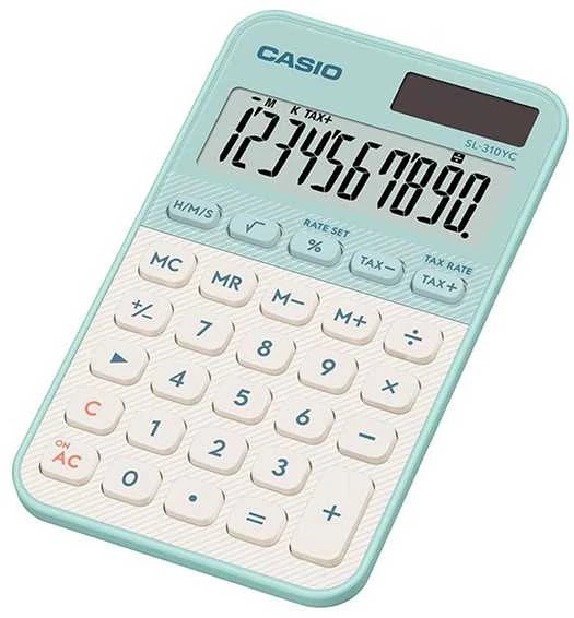 Šviesiai žalias Casio skaičiuotuvas su baltais mygtukais