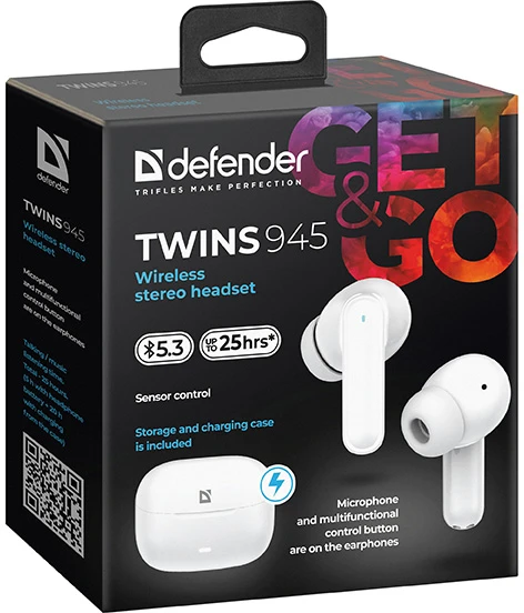 Defender TWINS 945 ausinės su mikrofonu, bezprzewodowa, balta