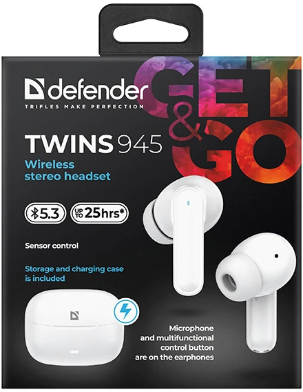 Defender TWINS 945 ausinės su mikrofonu, bezprzewodowa, balta