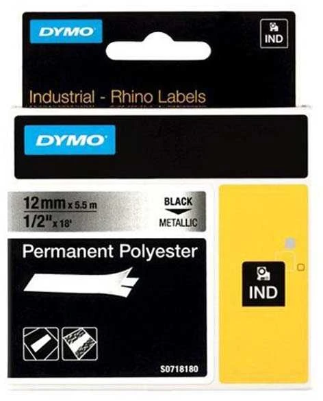 DYMO 18486 RHINO Poliesterio Juostelė 12mm x 5,5m (metalizuota / juodas šifras)