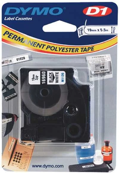 D1, žymėjimo juosta poliesteryje, 19 mm, juodas tekstas ant baltos juostos, 5,5 m DYMO / 16960