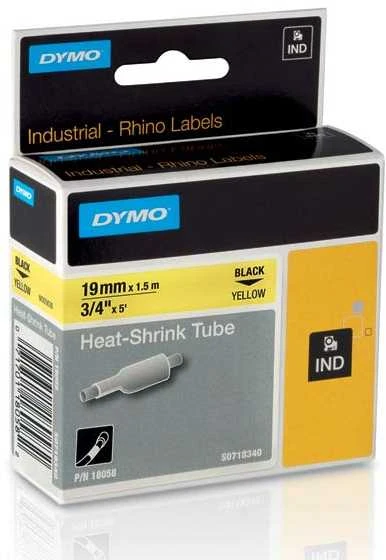 DYMO Rhino Professional, pastebimai susitraukiantis vamzdelis, 19x1,5 mm, juodas tekstas ant geltonos žarnos, 1,5 m, 18058