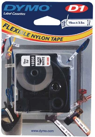 D1 ženklinimo juosta „flex nylon“ 19mm, juoda, balta, juodas tekstas ant baltos juostos, 3,5 m DYMO / 16958