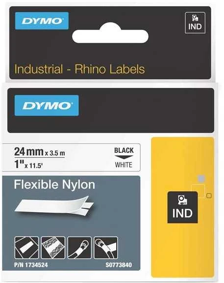Rhino Professional, žymėjimo lankstaus nailono juosta, 24 mm, juodas tekstas ant baltos juostos, 3,5 m DYMO / 1734524