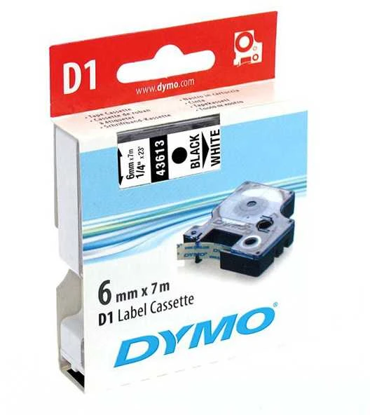 Juostelė DYMO D1, 6 mm x 7 m, Juodas šriftas/BALTA juosta