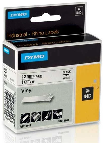 Juostelė DYMO Rhino 12mm x 5.5m, vinilinė, juoda ant balto / S0718600 18444