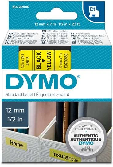 Juostelė DYMO D1 12mm x 7m, vinilinė, juoda ant geltono / S0720580 45018