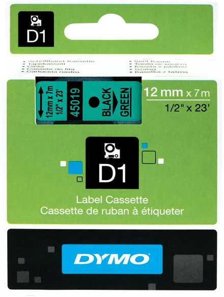 Juostelė DYMO D1 12mm x 7m, vinilinė, juoda ant žalio / S0720590 45019