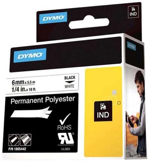 DYMO Rhino Professional, poliesterio juosta, 6 mm, juodas tekstas ant baltos juostos, 5,5 m 1805442