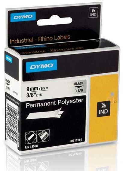 DYMO Rhino Poliesterio Juostelė 9mm x 5.5m / juodas ant skaidrios (18508)