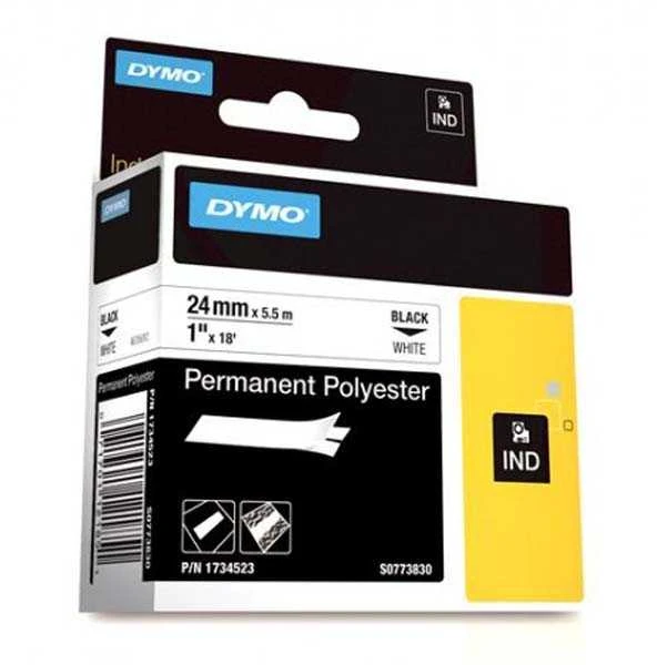 Rhino Professional, žymėjimo permanentinė poliesterio juosta, 24 mm, juodas tekstas ant baltos juostos, 5,5 m DYMO / 1734523