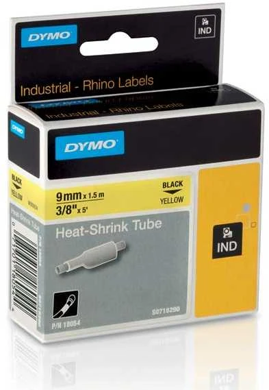 DYMO Rhino, kabelių žymėjimo vamzdelis, 9 mm, juodas tekstas ant geltonosio vamzdelio, 1,5 m skirtas kabelio skersmeniui nuo 2,0 mm iki 5,2 mm. DYMO / 18054