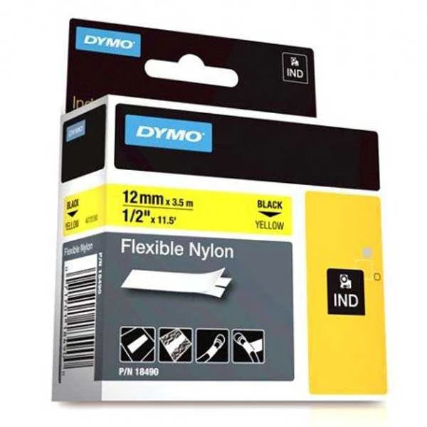 DYMO 18490 RHINO Nailono Juostelė 12mm x 3,5m (geltona / juodas šifras)
