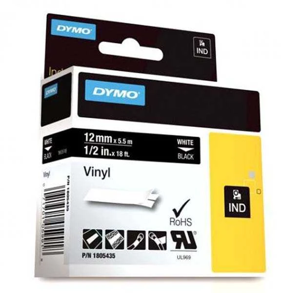 DYMO Rhino Professional, pastebima nuolatinė vinilo juosta, 12mm, baltas tekstas ant juodos juostos, 5,5m 1805435